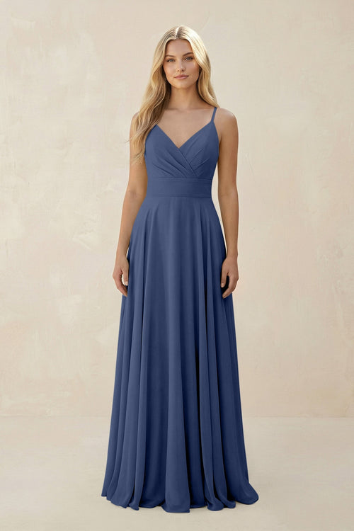 Spaghetti Strap A - Line Chiffon Bridesmaid Dress in Navy - SHE IS ME Bridesmaid Dresses
