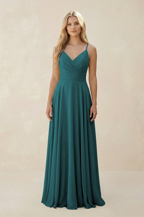 Spaghetti Strap A - Line Chiffon Bridesmaid Dress in Pine - SHE IS ME Bridesmaid Dresses
