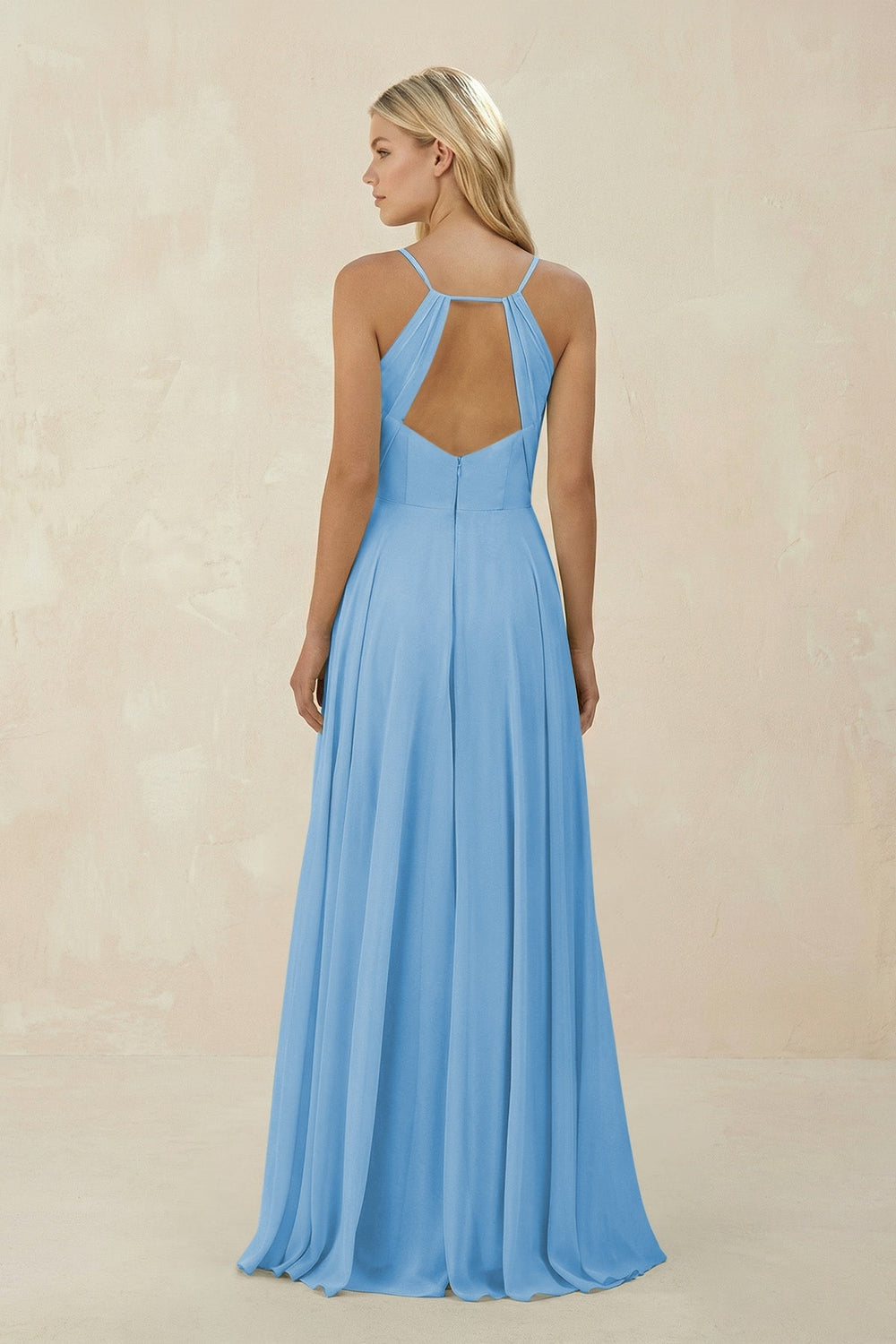 Spaghetti Strap A - Line Chiffon Bridesmaid Dress in Steel Blue - SHE IS ME Bridesmaid Dresses