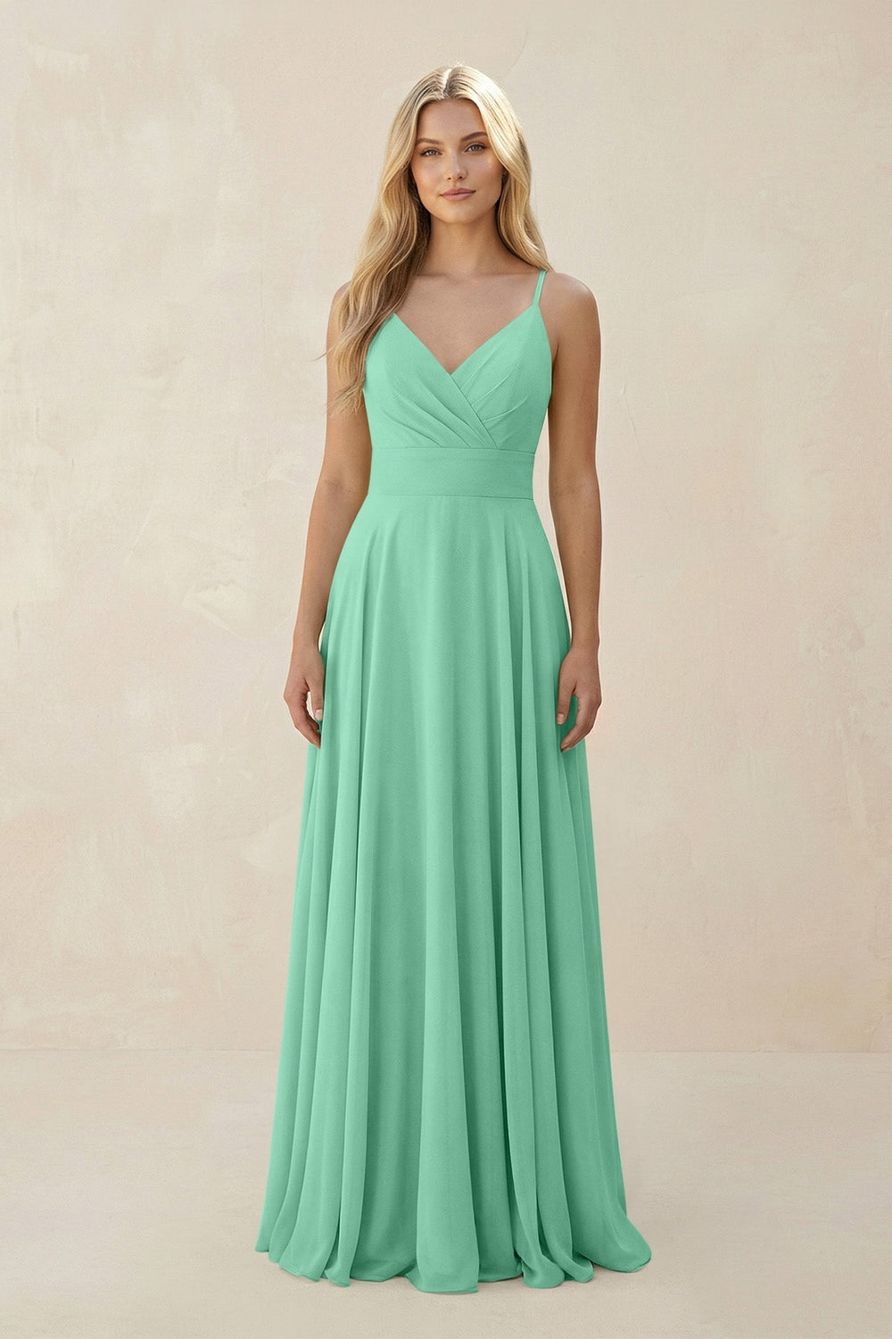 Spaghetti Strap A - Line Chiffon Bridesmaid Dress in Turquoise - SHE IS ME Bridesmaid Dresses
