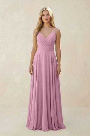 Spaghetti Strap A - Line Chiffon Bridesmaid Dress in Vintage Mauve - SHE IS ME Bridesmaid Dresses
