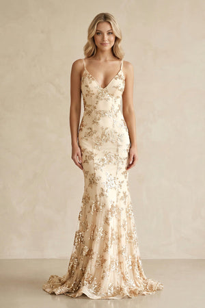 Spaghetti Strap Appliqued Mermaid Long Prom Dress in Gold - SHE IS ME Prom Dresses