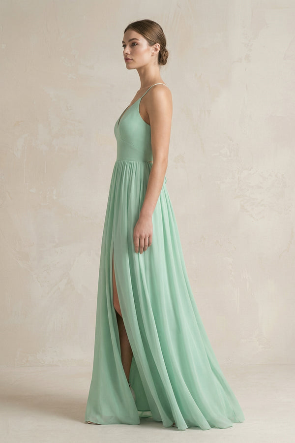 A-Line Spaghetti Strap Chiffon Bridesmaid Dress in Pale Pistachio - SHE IS ME BRIDESMAID DRESSES