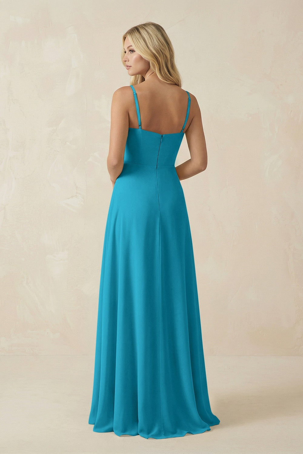 Spaghetti Strap Chiffon A - Line Bridesmaid Dress in Blue Jay - SHE IS ME Bridesmaid Dresses