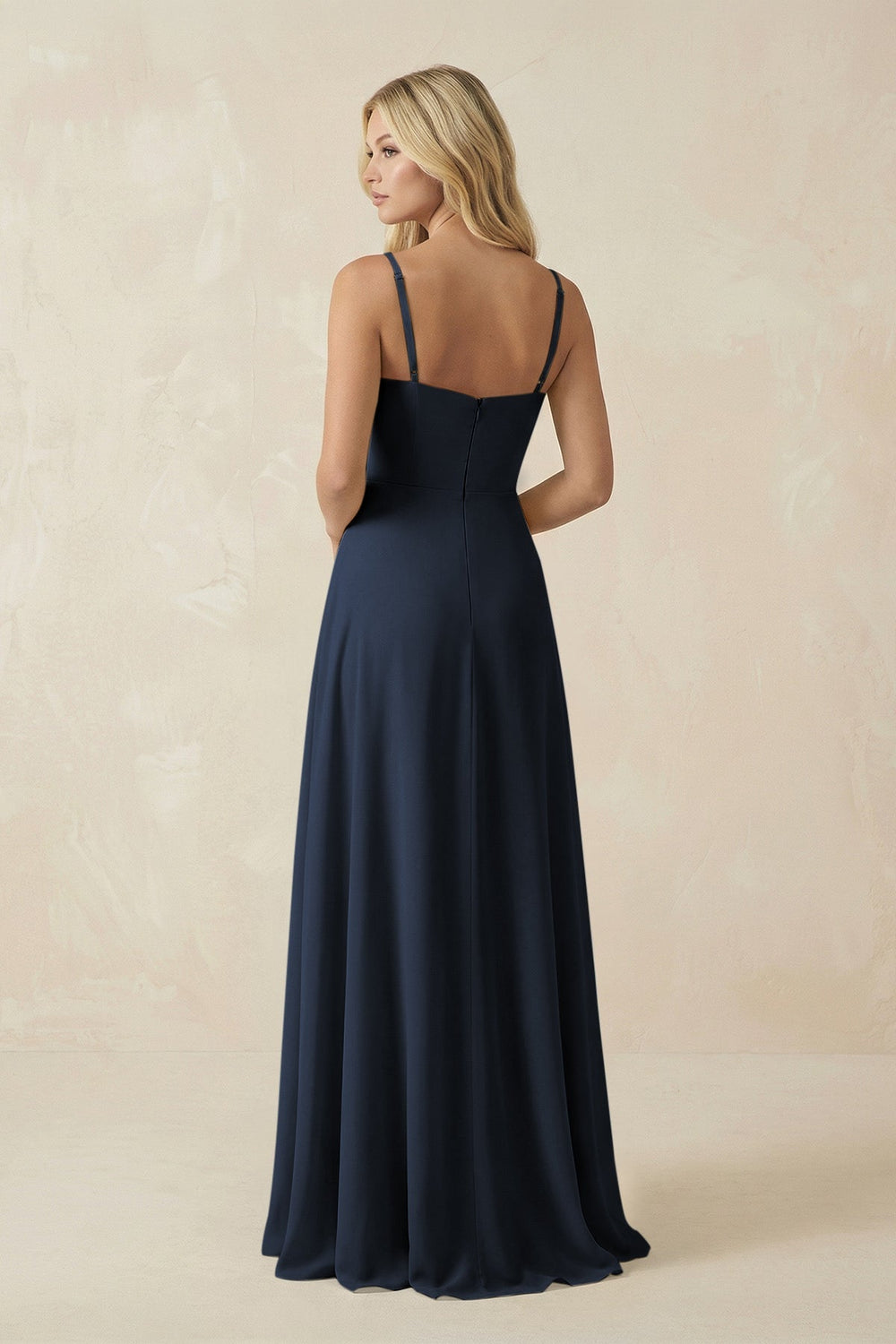 Spaghetti Strap Chiffon A - Line Bridesmaid Dress in Dark Navy - SHE IS ME Bridesmaid Dresses