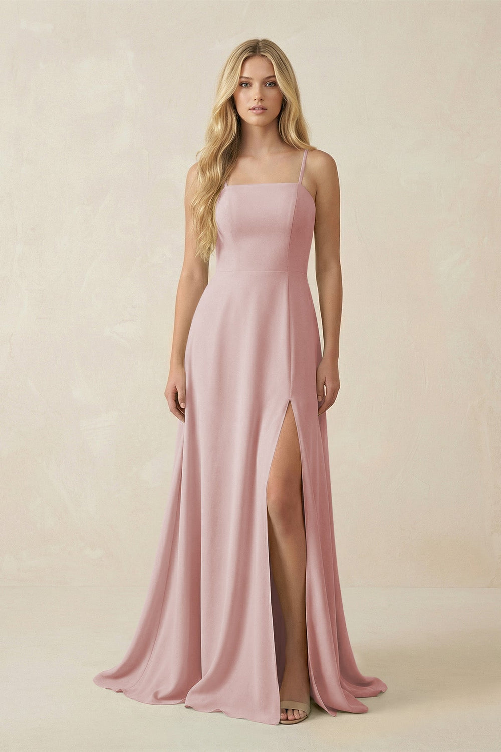 Spaghetti Strap Chiffon A - Line Bridesmaid Dress in Dusty Rose - SHE IS ME Bridesmaid Dresses