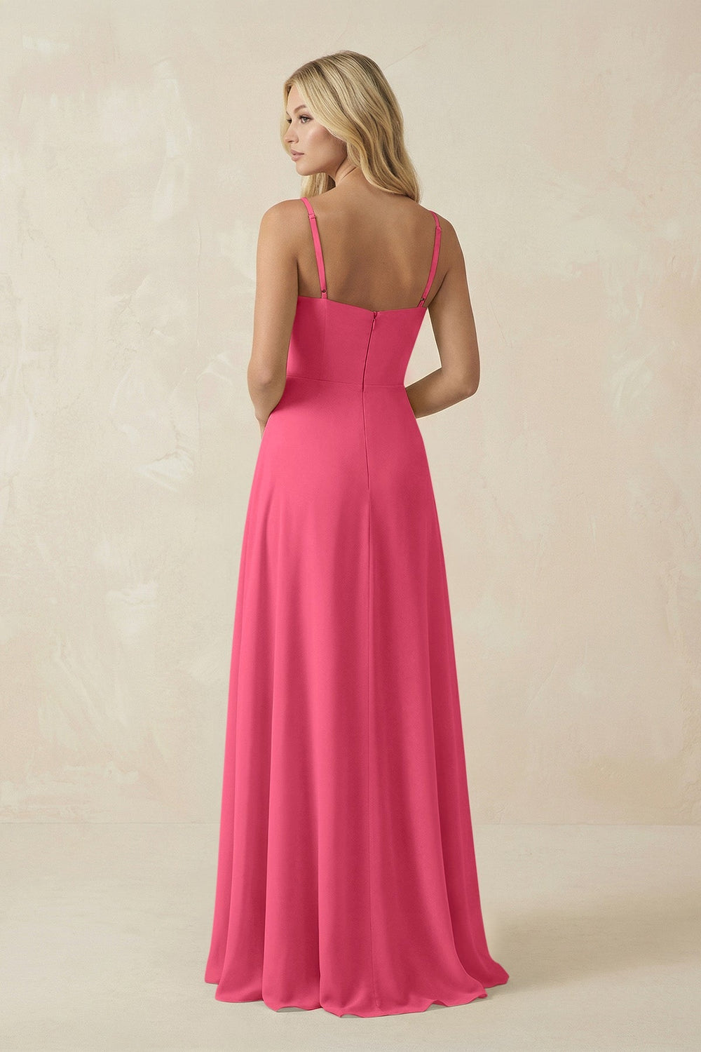 Spaghetti Strap Chiffon A - Line Bridesmaid Dress in Fuchsia - SHE IS ME Bridesmaid Dresses