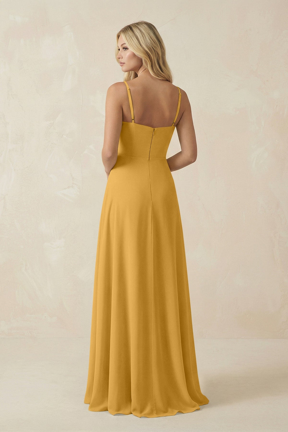 Spaghetti Strap Chiffon A - Line Bridesmaid Dress in Marigold - SHE IS ME Bridesmaid Dresses