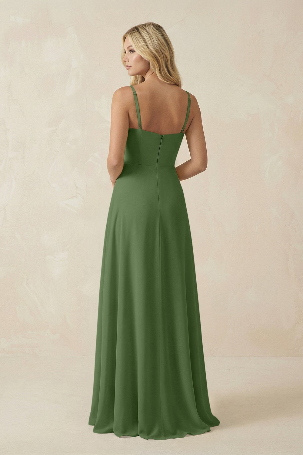Spaghetti Strap Chiffon A - Line Bridesmaid Dress in Moss - SHE IS ME Bridesmaid Dresses