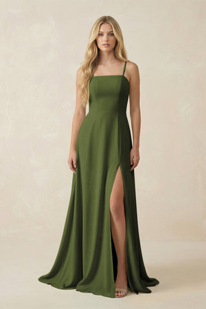 Spaghetti Strap Chiffon A - Line Bridesmaid Dress in Olive - SHE IS ME Bridesmaid Dresses