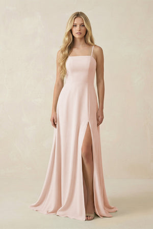 Spaghetti Strap Chiffon A - Line Bridesmaid Dress in Pale Blush - SHE IS ME Bridesmaid Dresses