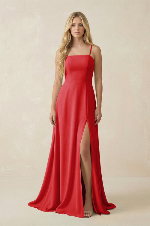 Spaghetti Strap Chiffon A - Line Bridesmaid Dress in Ruby Red - SHE IS ME Bridesmaid Dresses