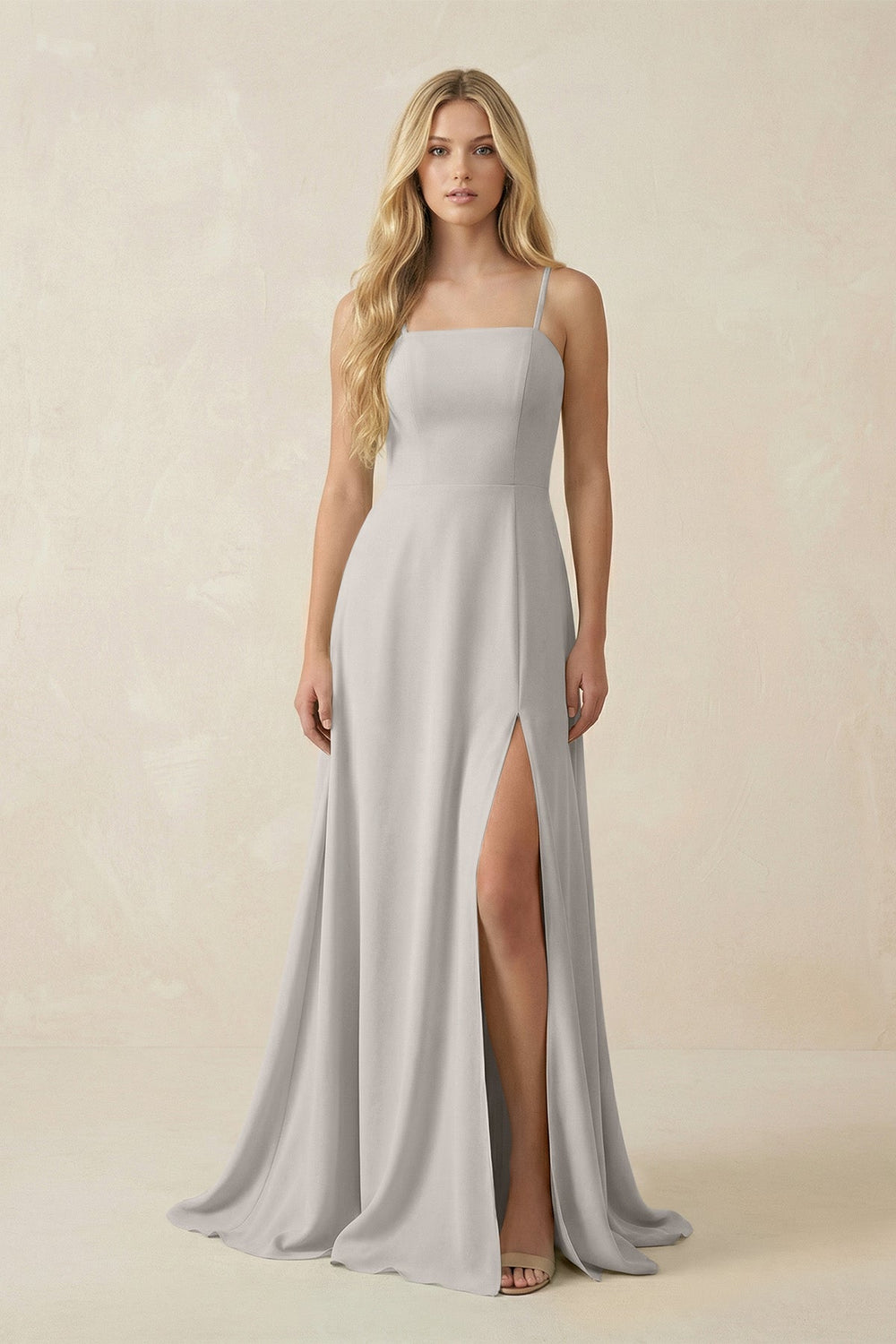 Spaghetti Strap Chiffon A - Line Bridesmaid Dress in Silver - SHE IS ME Bridesmaid Dresses
