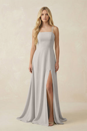 Spaghetti Strap Chiffon A - Line Bridesmaid Dress in Silver - SHE IS ME Bridesmaid Dresses
