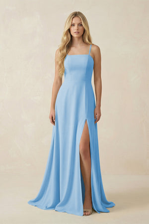 Spaghetti Strap Chiffon A - Line Bridesmaid Dress in Steel Blue - SHE IS ME Bridesmaid Dresses