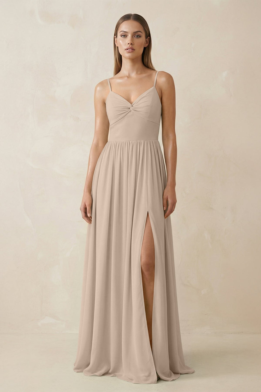 Spaghetti Strap Pleated A - Line Chiffon Bridesmaid Dress in Almond - SHE IS ME Bridesmaid Dresses