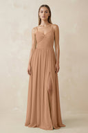 Spaghetti Strap Pleated A - Line Chiffon Bridesmaid Dress in Bronzer - SHE IS ME Bridesmaid Dresses
