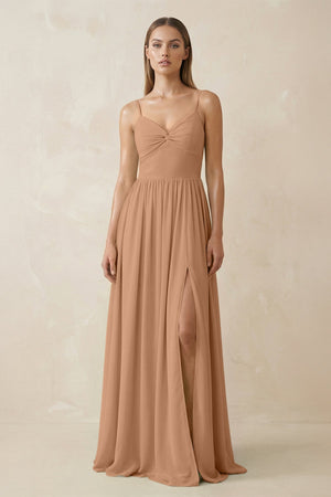 Spaghetti Strap Pleated A - Line Chiffon Bridesmaid Dress in Bronzer - SHE IS ME Bridesmaid Dresses