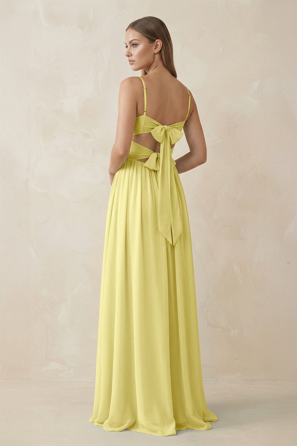 Spaghetti Strap Pleated A - Line Chiffon Bridesmaid Dress in Buttercup - SHE IS ME Bridesmaid Dresses