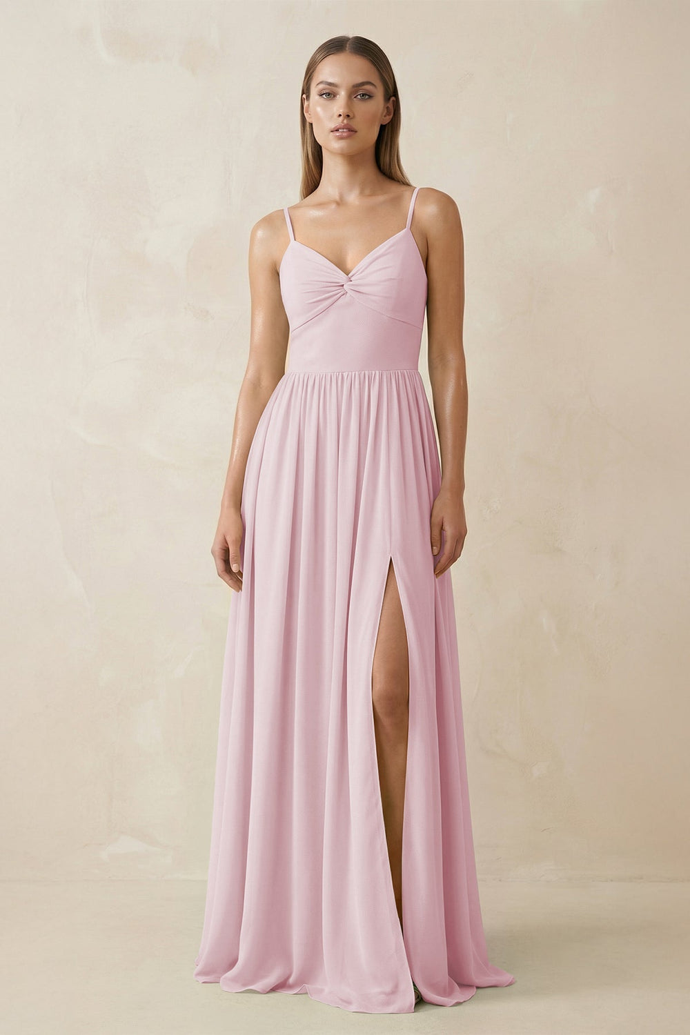 Spaghetti Strap Pleated A - Line Chiffon Bridesmaid Dress in Candy Pink - SHE IS ME Bridesmaid Dresses