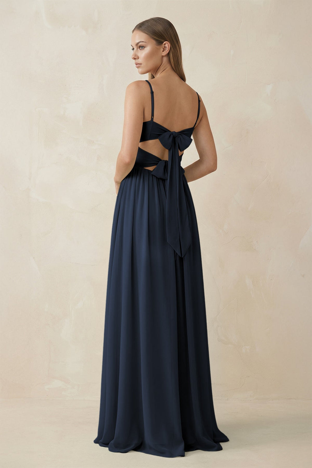 Spaghetti Strap Pleated A - Line Chiffon Bridesmaid Dress in Dark Navy - SHE IS ME Bridesmaid Dresses