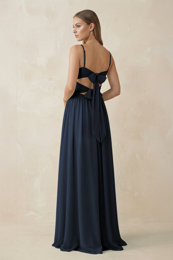 Spaghetti Strap Pleated A - Line Chiffon Bridesmaid Dress in Dark Navy - SHE IS ME Bridesmaid Dresses