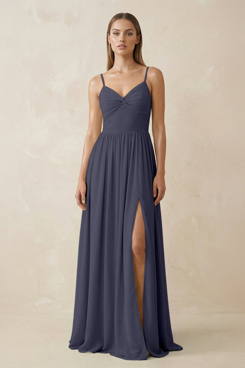 Spaghetti Strap Pleated A - Line Chiffon Bridesmaid Dress in Dusk Blue - SHE IS ME Bridesmaid Dresses