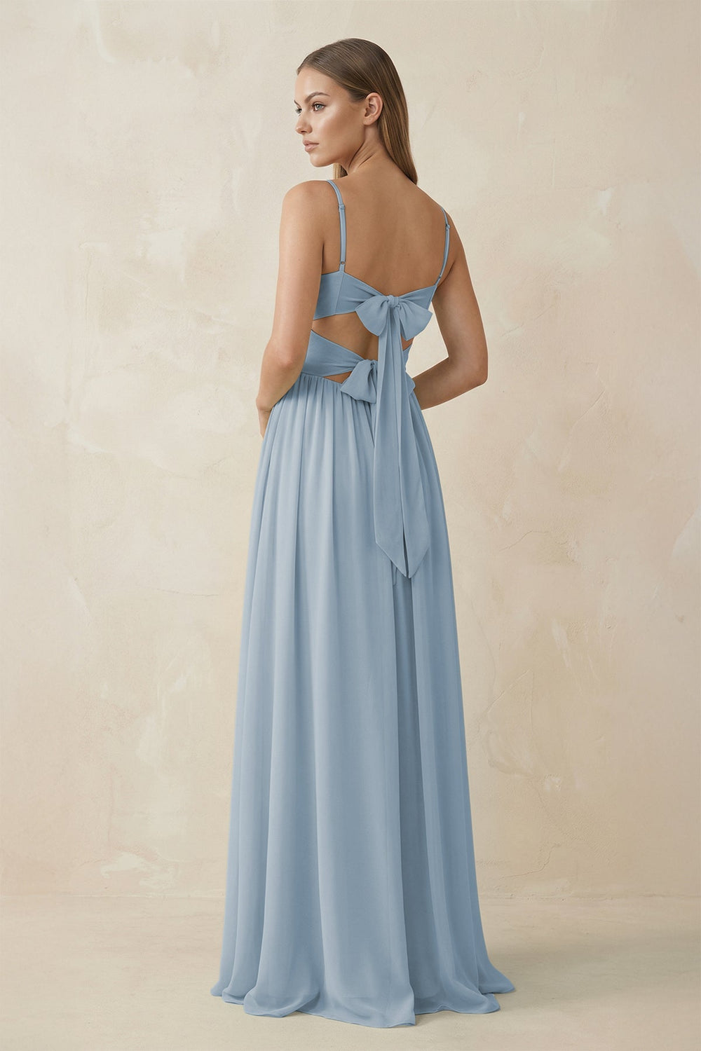 Spaghetti Strap Pleated A - Line Chiffon Bridesmaid Dress in Dusty Blue - SHE IS ME Bridesmaid Dresses