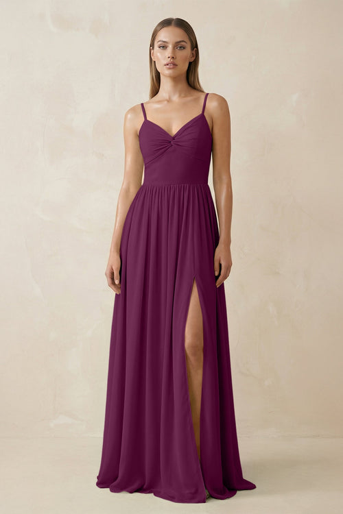 Spaghetti Strap Pleated A - Line Chiffon Bridesmaid Dress in Fig - SHE IS ME Bridesmaid Dresses