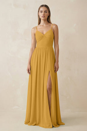 Spaghetti Strap Pleated A - Line Chiffon Bridesmaid Dress in Marigold - SHE IS ME Bridesmaid Dresses