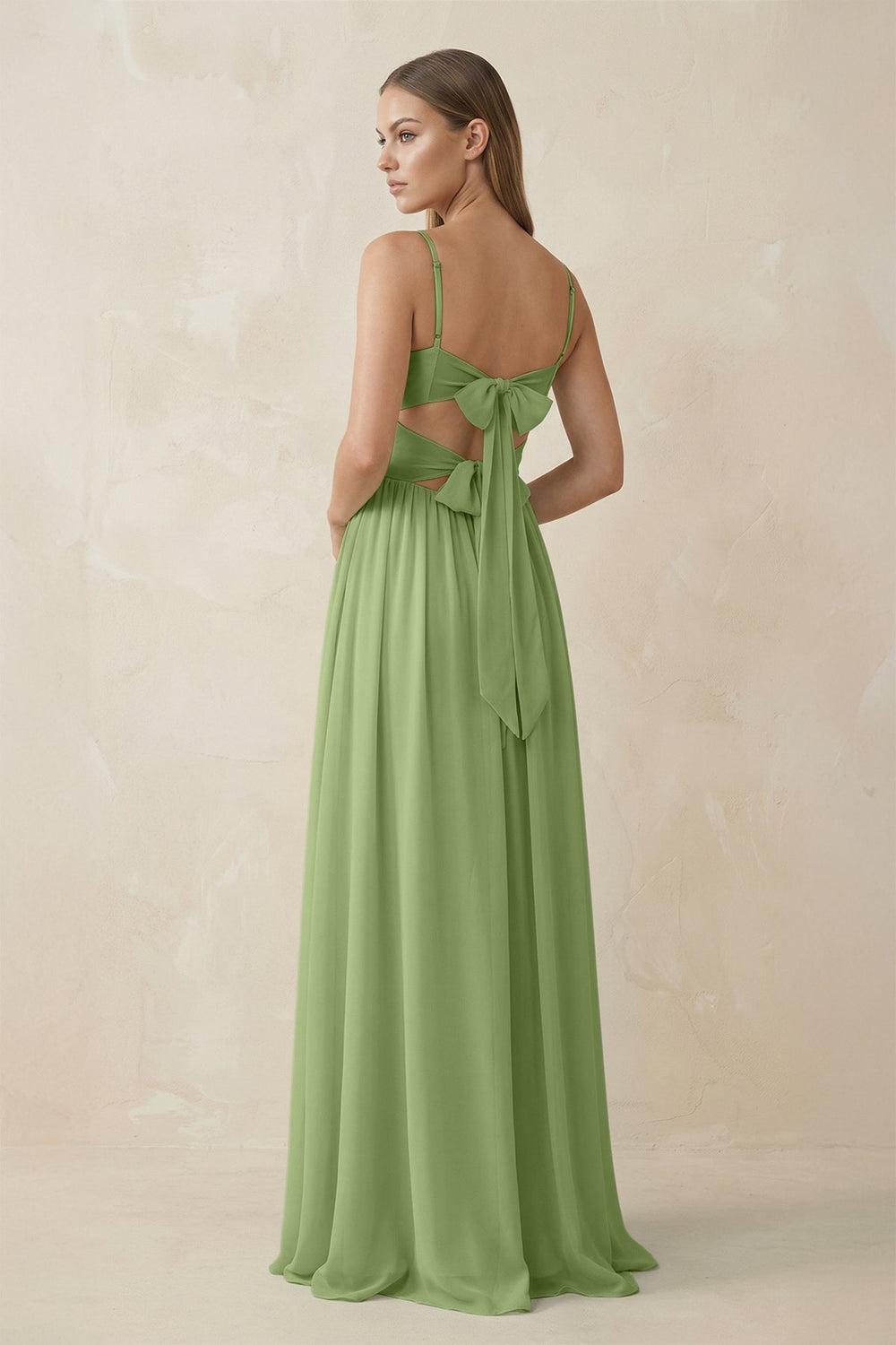Spaghetti Strap Pleated A - Line Chiffon Bridesmaid Dress in Matcha - SHE IS ME Bridesmaid Dresses