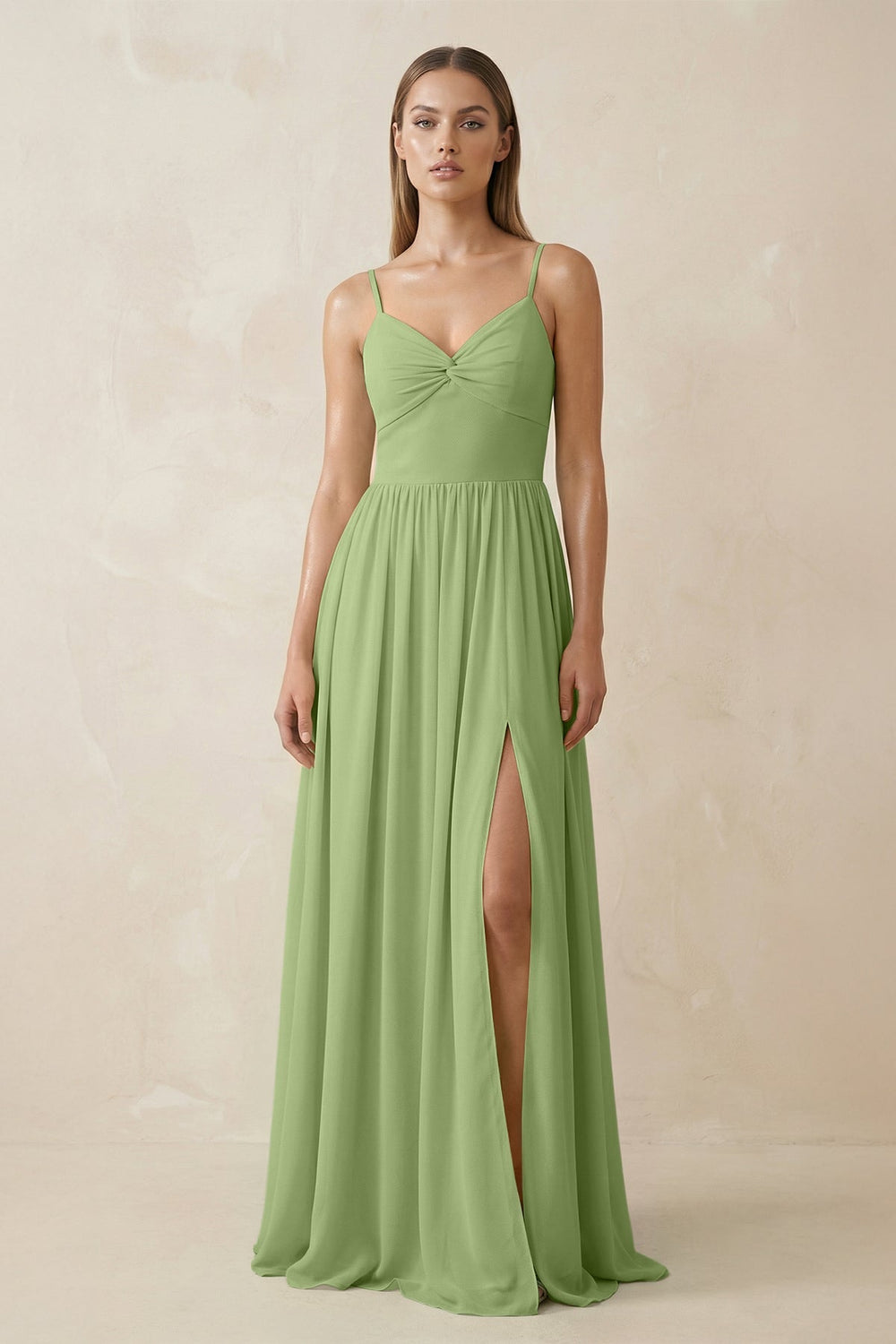 Spaghetti Strap Pleated A - Line Chiffon Bridesmaid Dress in Matcha - SHE IS ME Bridesmaid Dresses