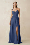 Spaghetti Strap Pleated A - Line Chiffon Bridesmaid Dress in Navy - SHE IS ME Bridesmaid Dresses