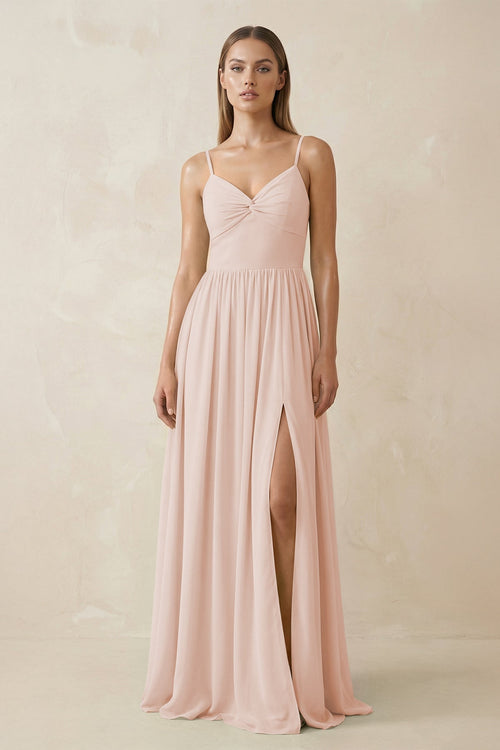 Spaghetti Strap Pleated A - Line Chiffon Bridesmaid Dress in Pale Blush - SHE IS ME Bridesmaid Dresses