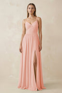 Spaghetti Strap Pleated A - Line Chiffon Bridesmaid Dress in Rose Petal - SHE IS ME Bridesmaid Dresses