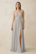Spaghetti Strap Pleated A - Line Chiffon Bridesmaid Dress in Silver - SHE IS ME Bridesmaid Dresses
