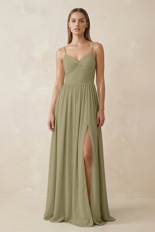 Spaghetti Strap Pleated A - Line Chiffon Bridesmaid Dress in Thyme - SHE IS ME Bridesmaid Dresses
