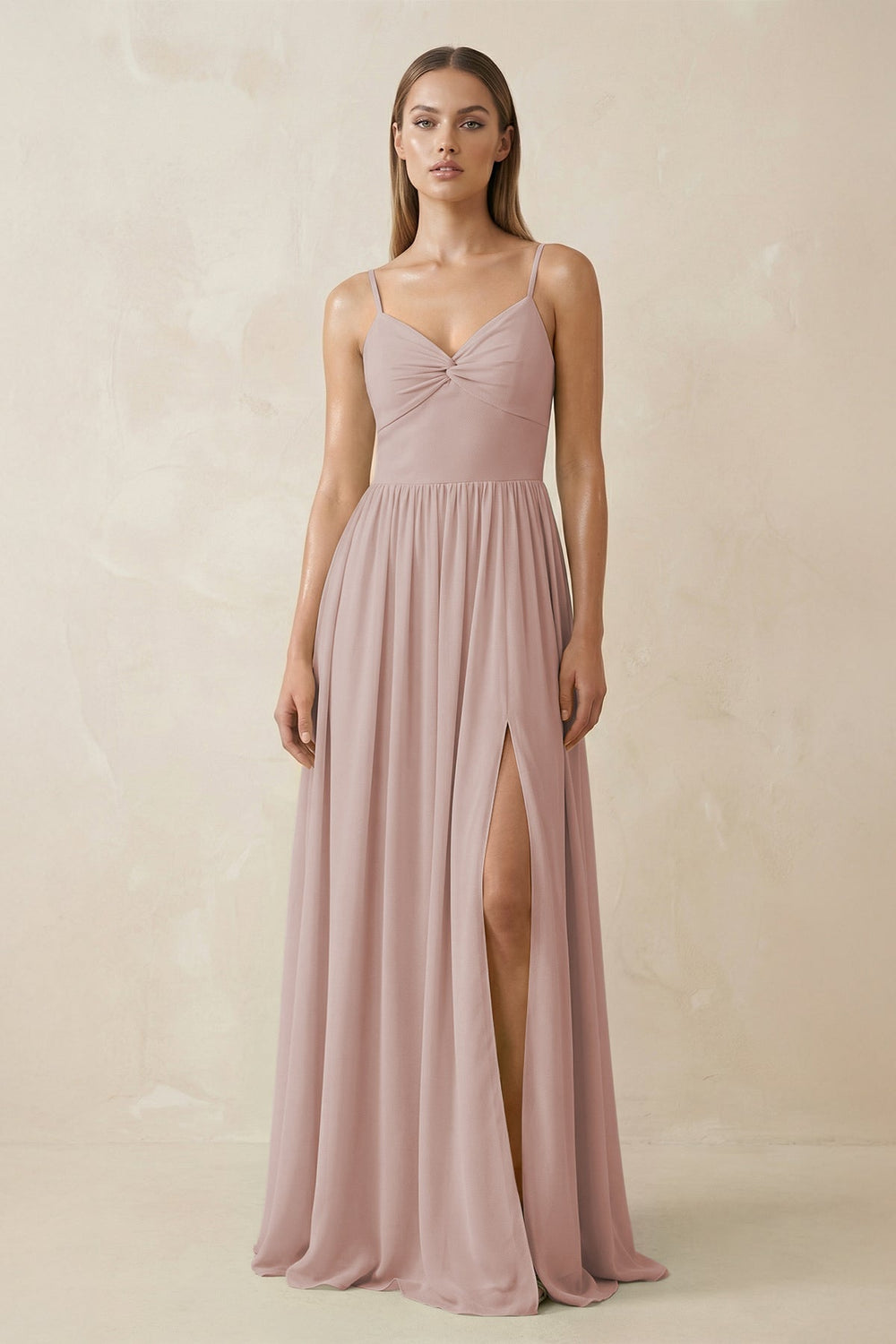 Spaghetti Strap Pleated A - Line Chiffon Bridesmaid Dress in Toffee - SHE IS ME Bridesmaid Dresses