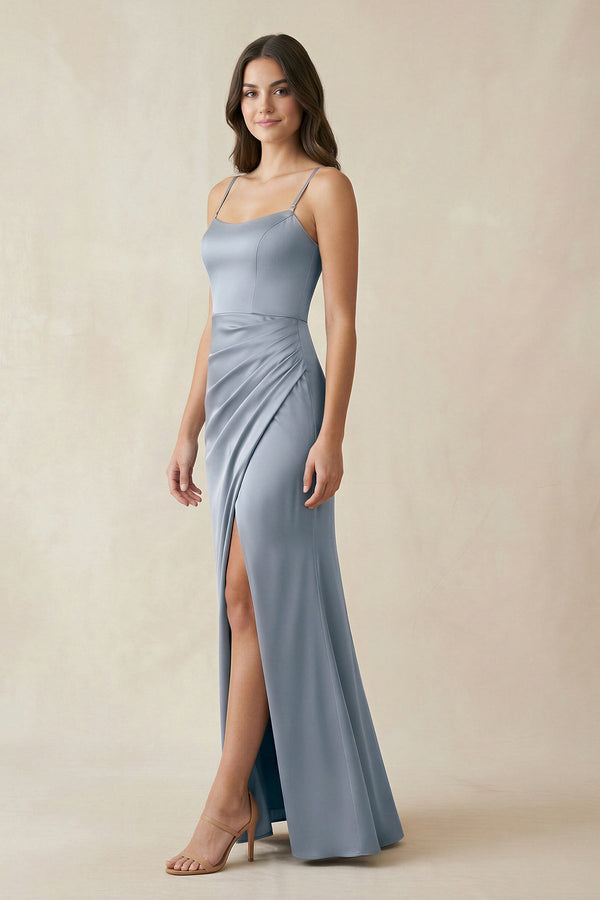 Spaghetti Strap Ruched Sheath Satin Bridesmaid Dress in Twilight - SHE IS ME Bridesmaid Dresses