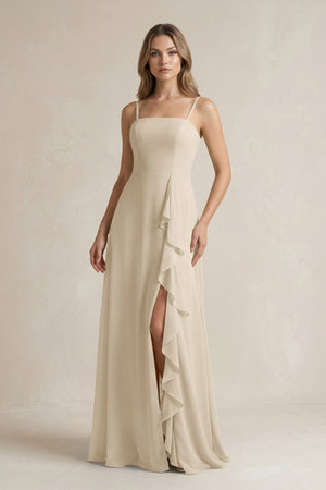 Spaghetti Strap Ruffled A - Line Chiffon Bridesmaid Dress in Champagne - SHE IS ME Bridesmaid Dresses
