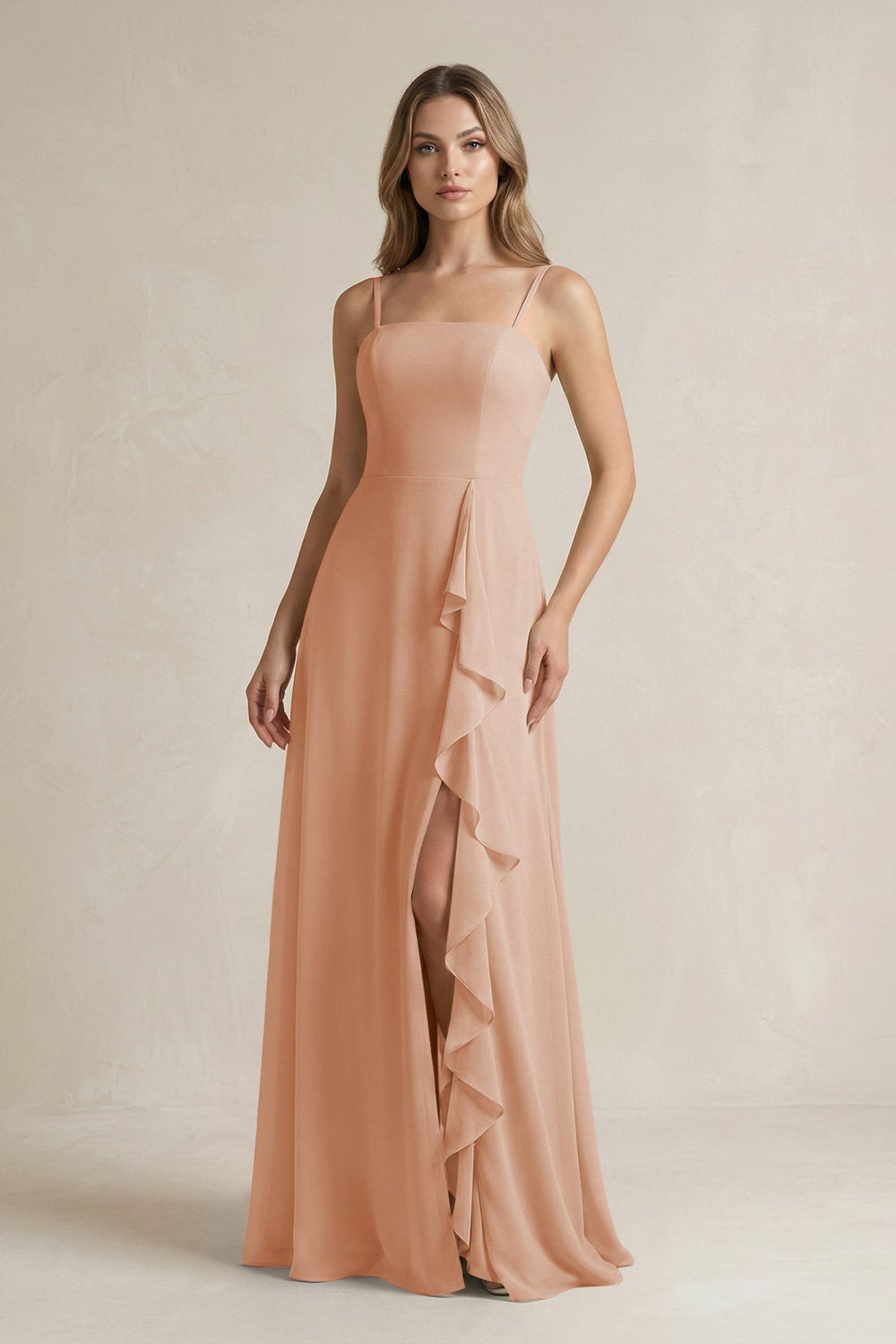 Spaghetti Strap Ruffled A - Line Chiffon Bridesmaid Dress in Champagne Rose - SHE IS ME Bridesmaid Dresses