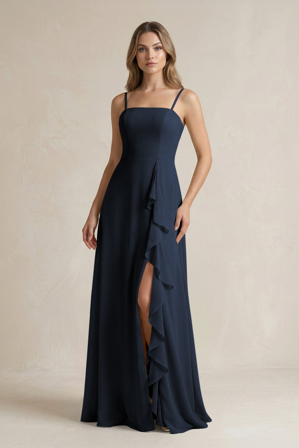 Spaghetti Strap Ruffled A - Line Chiffon Bridesmaid Dress in Dark Navy - SHE IS ME Bridesmaid Dresses