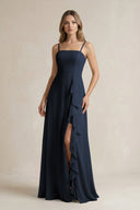 Spaghetti Strap Ruffled A - Line Chiffon Bridesmaid Dress in Dark Navy - SHE IS ME Bridesmaid Dresses