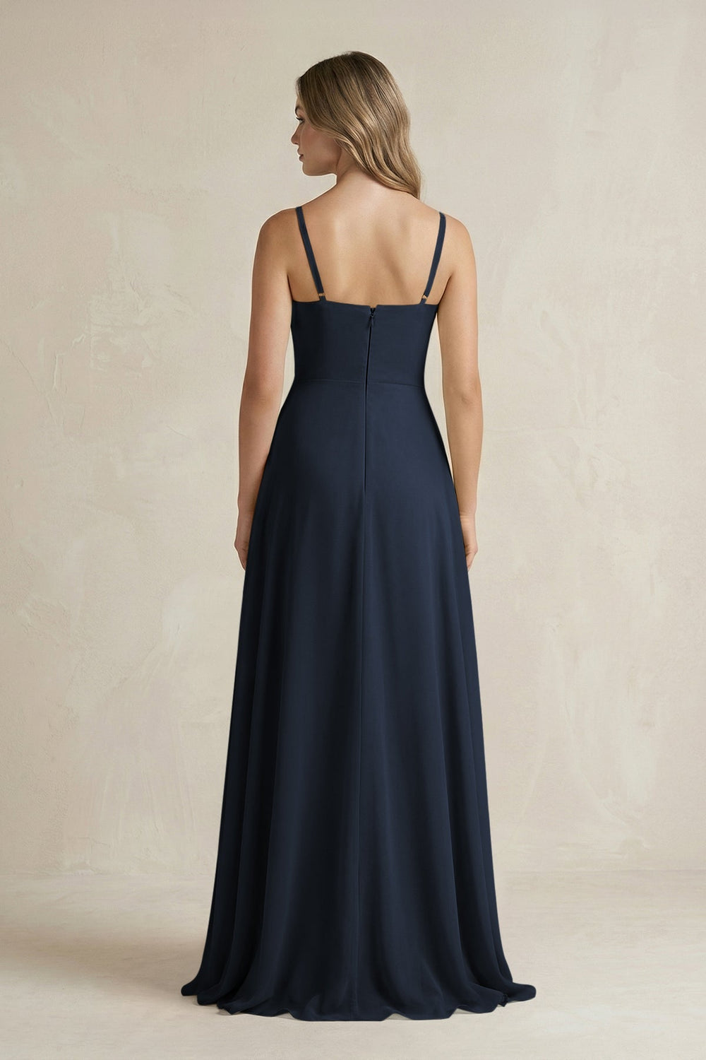 Spaghetti Strap Ruffled A - Line Chiffon Bridesmaid Dress in Dark Navy - SHE IS ME Bridesmaid Dresses