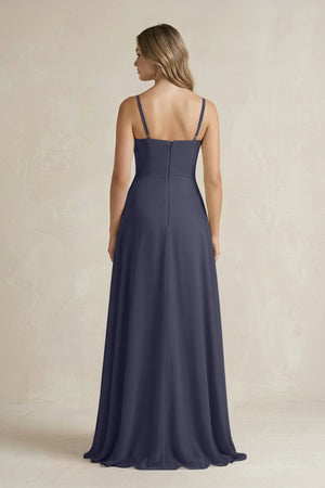 Spaghetti Strap Ruffled A - Line Chiffon Bridesmaid Dress in Dusk Blue - SHE IS ME Bridesmaid Dresses
