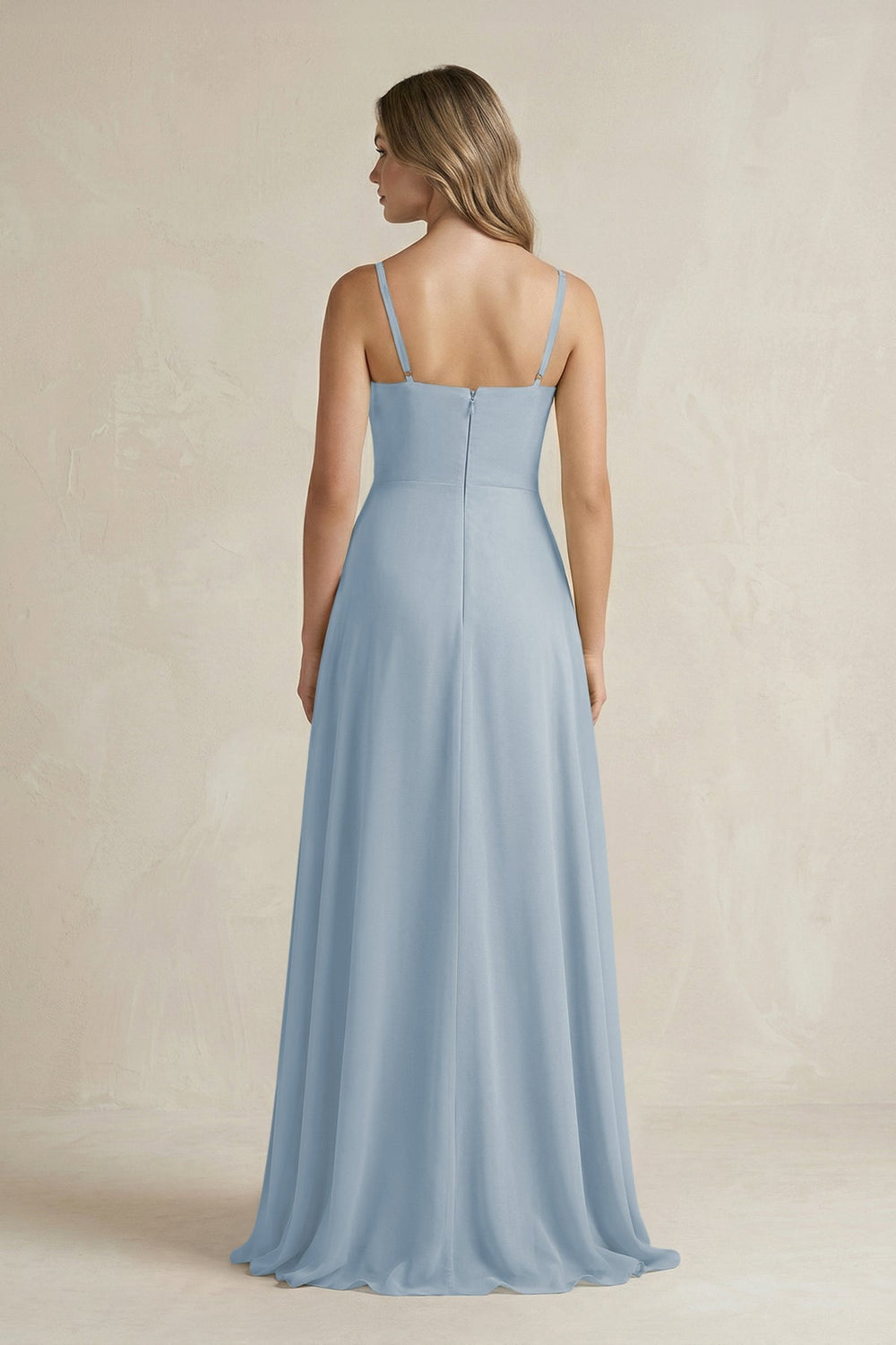Spaghetti Strap Ruffled A - Line Chiffon Bridesmaid Dress in Dusty Blue - SHE IS ME Bridesmaid Dresses
