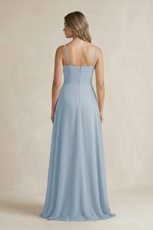 Spaghetti Strap Ruffled A - Line Chiffon Bridesmaid Dress in Dusty Blue - SHE IS ME Bridesmaid Dresses