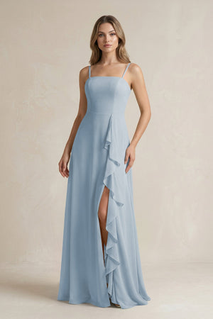 Spaghetti Strap Ruffled A - Line Chiffon Bridesmaid Dress in Dusty Blue - SHE IS ME Bridesmaid Dresses