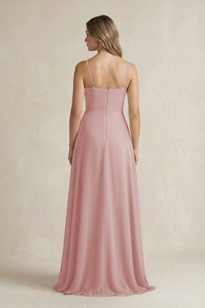 Spaghetti Strap Ruffled A - Line Chiffon Bridesmaid Dress in Dusty Rose - SHE IS ME Bridesmaid Dresses