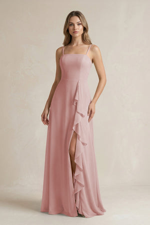 Spaghetti Strap Ruffled A - Line Chiffon Bridesmaid Dress in Dusty Rose - SHE IS ME Bridesmaid Dresses